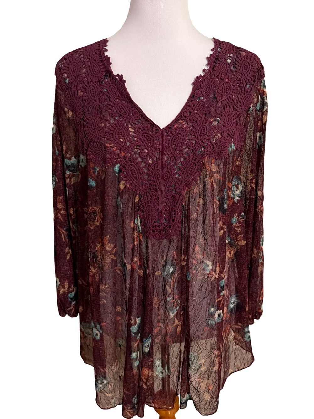 Vintage America Burgundy Floral Crochet V-Neck Peasant Blouse